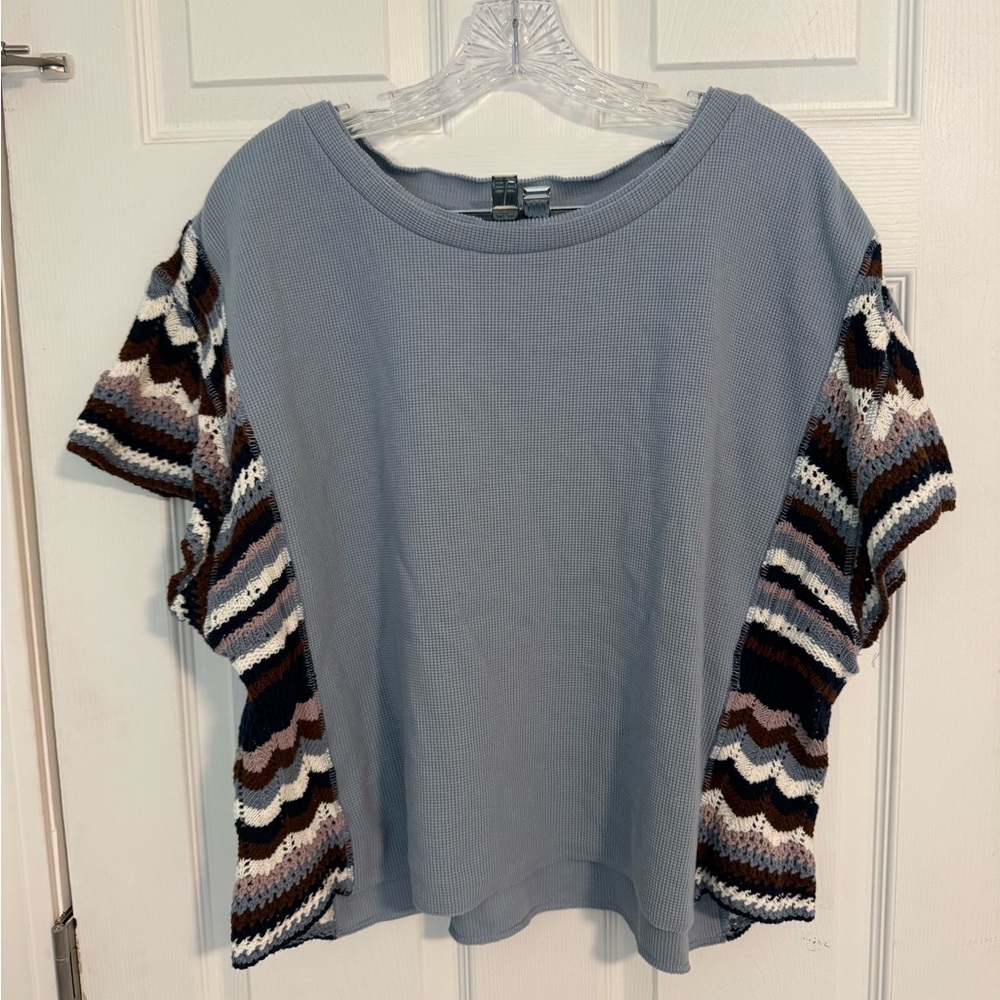 Chic Blue Top with crocheted sleeves